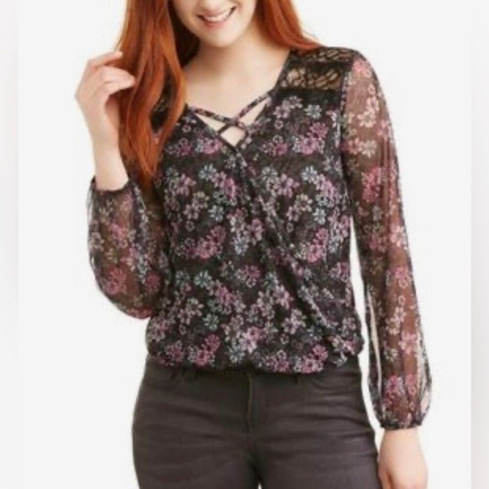 Long sleeve black floral mesh wrap top size XS